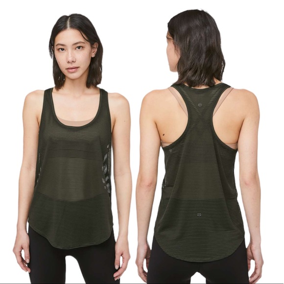 lululemon athletica Tops - Lululemon All Love Raceback Striped Mesh Dark Olive Green Tank Top